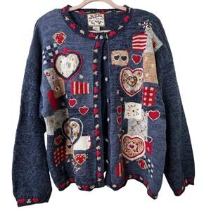 XL Vtg Heirloom Collectibles Knit Cardigan Hearts Valentines Ugly Sweater Granny